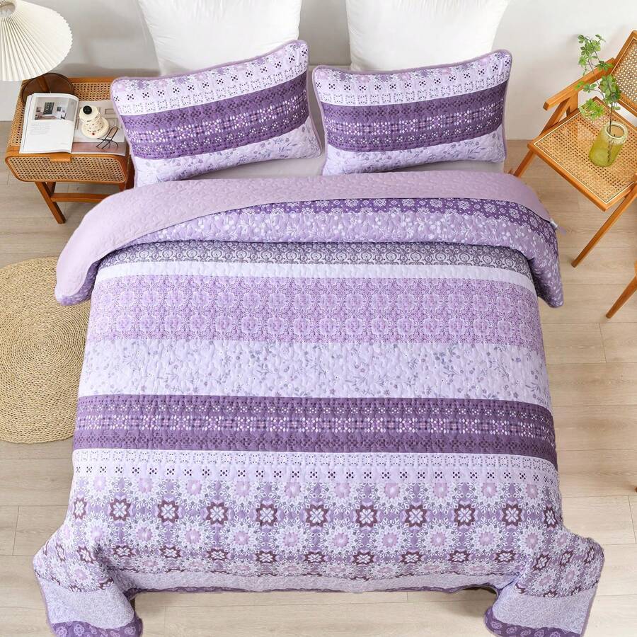 3 Pieces  BEDDING Grey Boho Quilt Queen King Size Set,Bohemian Floral Striped Patchwork Summer Bedspread Coverlet Set With 2 Pillowcases,Lightweight Microfiber Bohemian Bedding Set (96"*90",104"X90") ﻿ - Màu tím - Xem 1