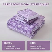 3 Pieces  BEDDING Grey Boho Quilt Queen King Size Set,Bohemian Floral Striped Patchwork Summer Bedspread Coverlet Set With 2 Pillowcases,Lightweight Microfiber Bohemian Bedding Set (96"*90",104"X90") ﻿ - Màu tím - Xem 7