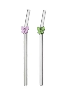 2pcs Colorful Butterfly Shaped Heat-Resistant Glass Straws, Bent Reusable Straws For Girls To Avoid Hot Drinks And Stains, Perfect For Bubble Tea, Juices, And Milk,Kitchen,Christmas Gift