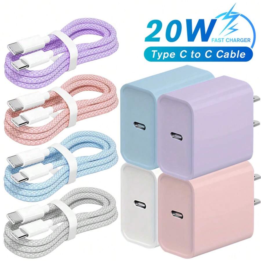 (Blanco/Rosa/Azul/Morado) Cargador adaptador USB C de 20W carga rápida + Conjunto de cable de carga de 100cm/3.3FT USB C a Tipo-C compatible con iPhone 15 Pro Max Plus, Samsung, Huawei, Xiaomi - Tipo de Enchufe A USA (110-127V) - Ver 1