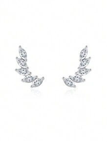 1對華麗的長方形立方氧化鋯葉形925純銀耳針，適用於女性婚禮訂婚新娘派對珠寶假期 - 白色 - 查看 2