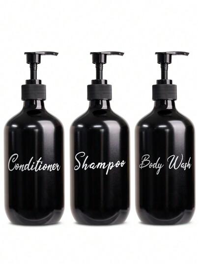 3pcs 500ml Black Plastic Empty Bottles With Dispenser Pump For Diy Shampoo, Conditioner And Shower Gel, Reusable Home Bathroom Decor Fall Decor Back To School