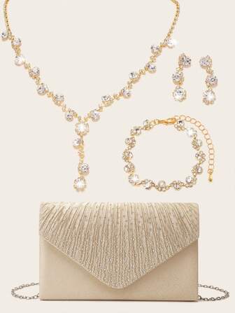 4 Pieces Women Rhinestone Evening Clutch Bag Rhinestone Ear Clip Bridal Wedding Choker Bracelet Dangle Bling Glitter Purse Clutch Purse Envelope Evening Bag For Women Prom Sparkling Handbag With Detachable Chain For Wedding And Party Shoulder Bag For Women