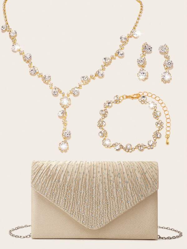 4 pièces Sac de soirée en strass pour femme, clip d'oreille en strass, collier, bracelet pendantes étincelants, sac à main de soirée en paillettes et d'embrayage pour femme avec chaîne amovible pour mariage et fête, sac à bandoulière pour femme