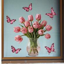 1pc-Pink Floral Glass Sticker, Window Glass Decorative Sticker, Removable Pvc Self-Adhesive - Multicolor - View 4