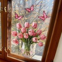 1pc-Pink Floral Glass Sticker, Window Glass Decorative Sticker, Removable Pvc Self-Adhesive - Multicolor - View 5