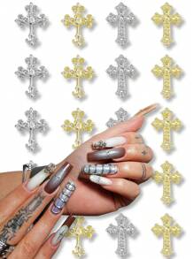 10 piezas/50 piezas Decoraciones de uñas de metal con cruz vintage en oro y plata, Accesorios de uñas DIY con brillos metálicos y rhinestones estilo Y2K, Adecuado para mujeres y niñas, Suministros de arte de uñas, Pegatinas de uñas, Joyería de uñas, Gemas de uñas - Multicolor - Ver 2