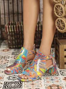 New Style Women's Rainbow Color Peep-Toe Short Boots Vacation Style High Heel Boots For Dating - Multicolor - View 4