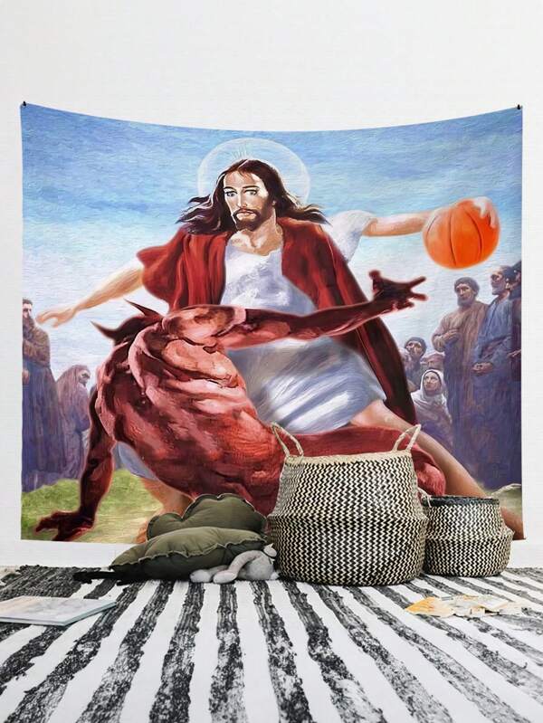 Pôster Decorativo de Pano Pendurado com Jesus e Satanás Jogando Basquete, Decoração de Parede Cristã Divertida, Arte Tapeçaria Estética para Decoração de Bottom da Sala de Estar e Quarto, Bandeira para Quarto, Decoração de Quarto, Tapeçaria, Arte de Parede, Acessórios de Quarto, Bandeiras para Quarto, Decoração de Casa, Tapeçaria de Parede