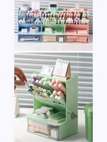 1入斜面桌面文具收納盒，多格筆筒配抽屜，適用於學生和辦公室文具收納，可用於唇膏和化妝品收納