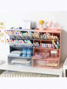 1入斜面桌面文具收納盒，多格筆筒配抽屜，適用於學生和辦公室文具收納，可用於唇膏和化妝品收納