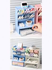 1入斜面桌面文具收納盒，多格筆筒配抽屜，適用於學生和辦公室文具收納，可用於唇膏和化妝品收納