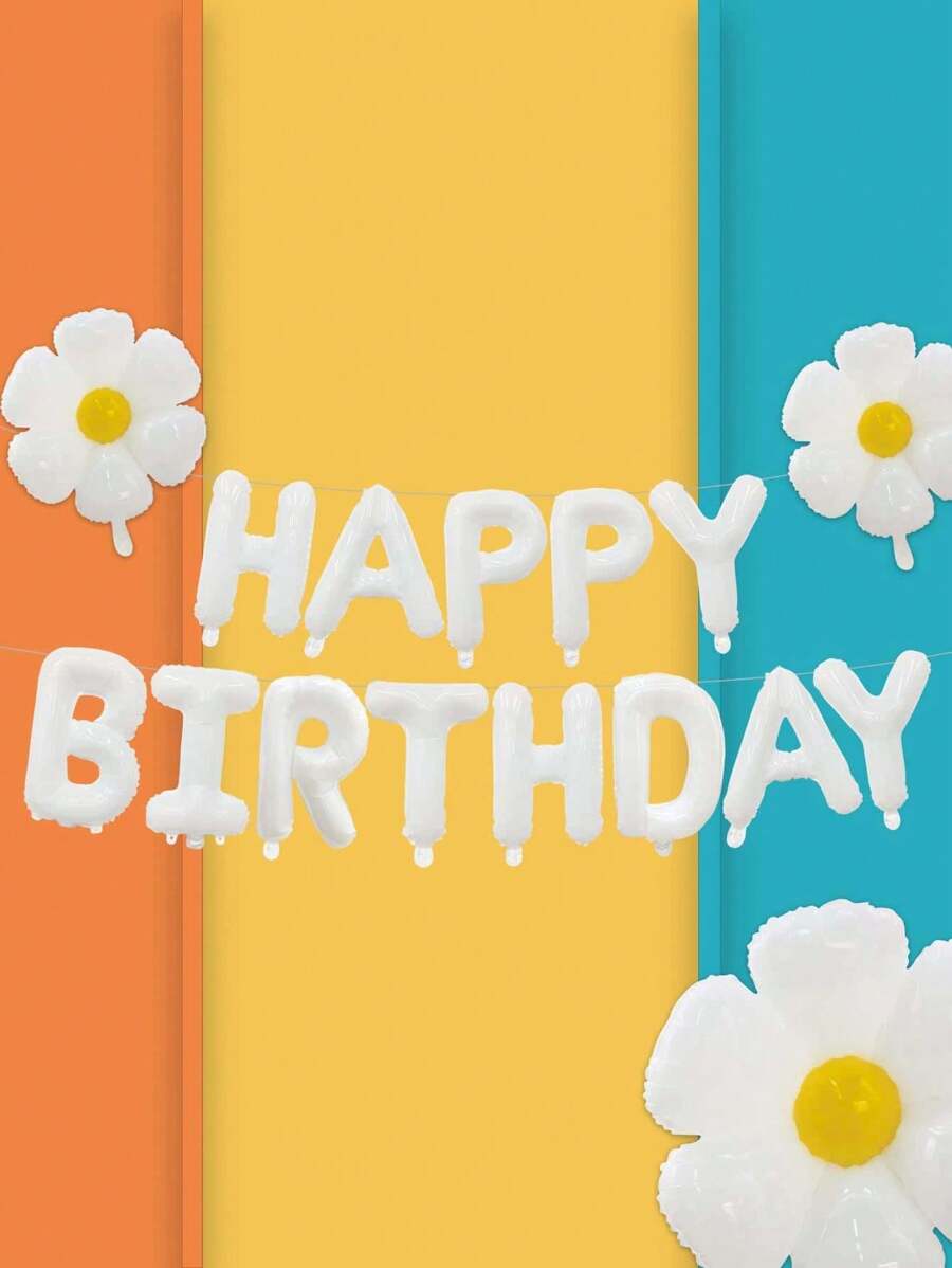 Globo de letra de Cumpleaños Feliz de 16 pulgadas en color blanco con patrón de margaritas, banner de cumpleaños en blanco para decoraciones de fiesta - Blanco - Ver 1