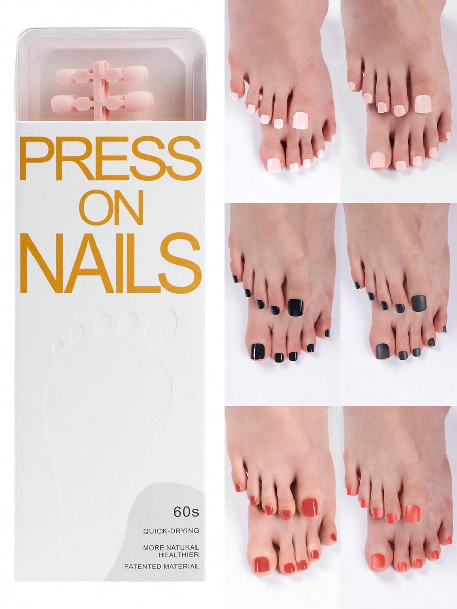 120pcs/Box Glossy Acrylic Press-On Toenails, Matte Black Fake Toenail Covers, Classic French Full Coverage Artificial Toenails, DIY Home Manicure Supplies For Women & Girls - Multicolor - View 1