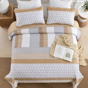 3 Pieces BEDDING Black/Blue/Grey/Green/Yellow Quilt King Size, Bohemian Stripe Quilt Sets Boho Quilted Bedspread Set Lightweight Microfiber Coverlet Bedding Set All Season