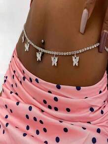 Fashionable & Sexy Butterfly Shaped Rhinestone Pendant Single Row Waist Chain/Belly Chain For Women - Butterfly Pendant-silver - View 3