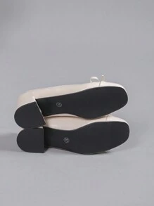 New Design Women's Fashion Shoes Elegant Beige Square-Toed Ballet Flats, Chunky Low Heels With Bowknot, Low Vamp Pumps, French Vintage Classical Style, Noble Work Shoes Valentines - Beige - View 7