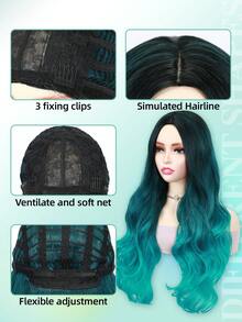 26 英寸长蓝色波浪假发渐变蓝色波浪美人鱼假发蓝绿色卷发合成假发圣诞礼物 - 綠色 - 查看 7