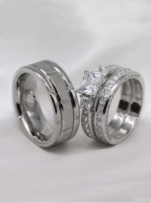 情侶戒指套裝，女士精美不鏽鋼戒指和男士簡約時尚戒指，結婚、訂婚和周年紀念日的完美禮物 - 銀色 - 查看 2