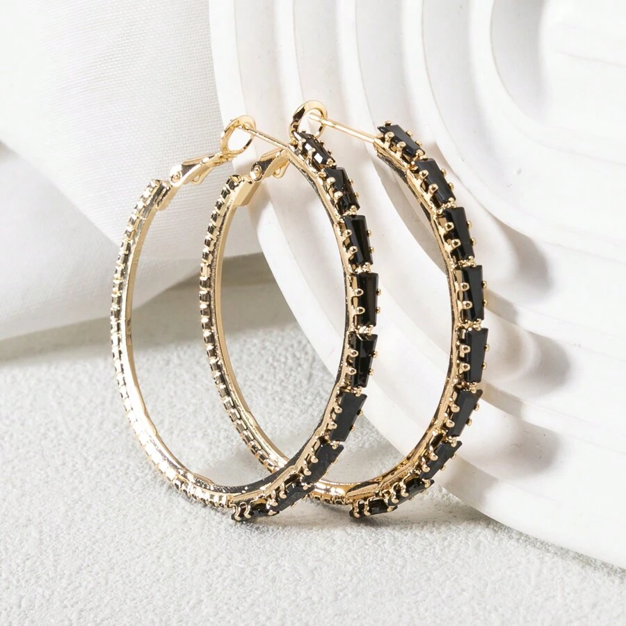 1pair Fashionable Copper Hoop Earrings Encrusted With Step Cut Cubic Zirconia, Red/Green/Gold/Black/Multi-Color, Suitable For Daily Wear, Luxury And High-End For Parties, Gift