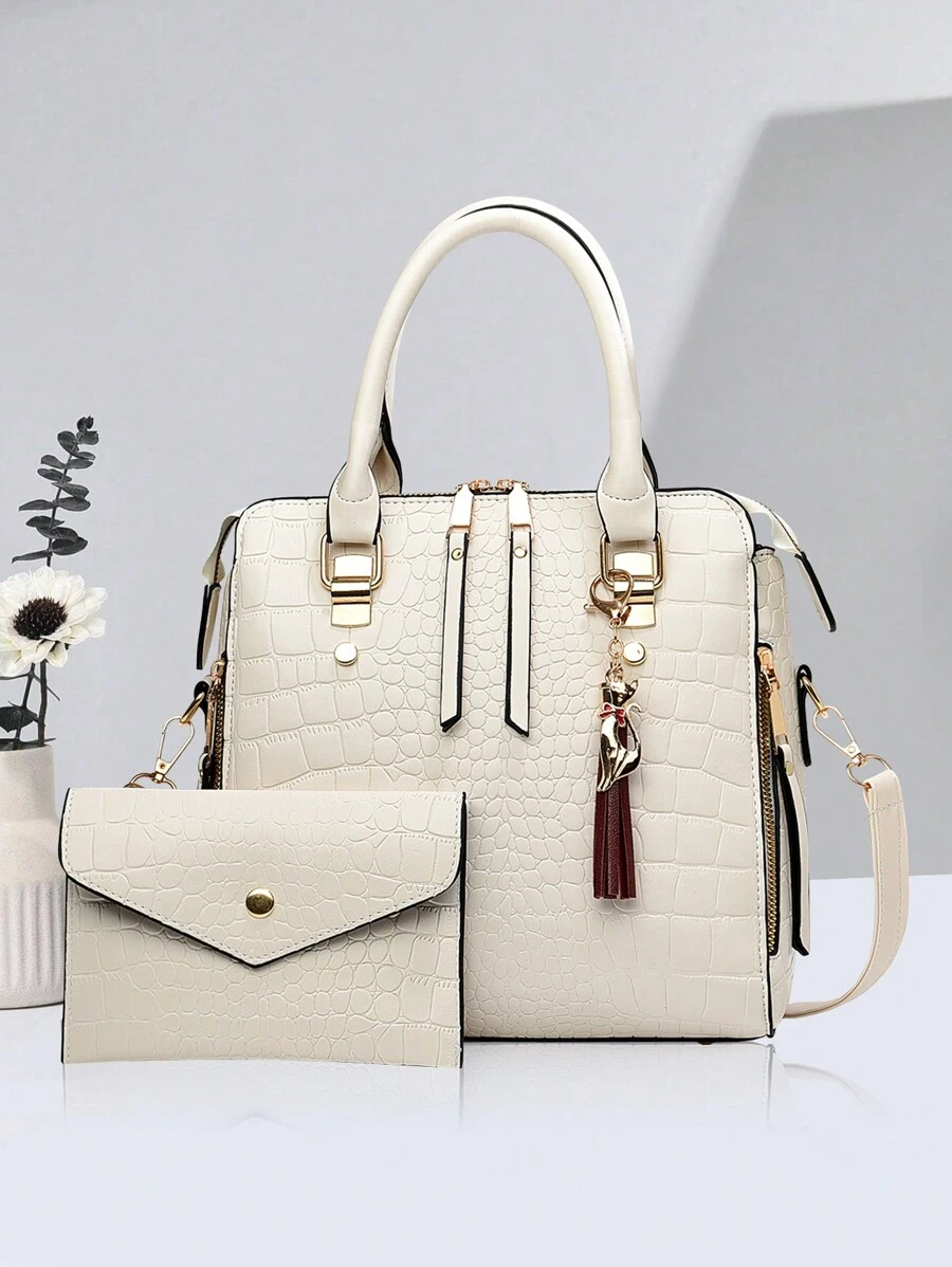 Elegant And Fashionable 2 Pieces Faux Leather Bag Set: Durable Crocodile Patterned Women's Crossbody Bag And Clutch, Magnetic Closure, Stylish Fringe Decoration, White