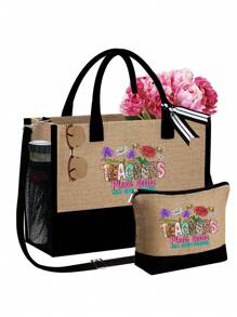 1个/2个装，教师图案手提包，带肩带和化妆包，教师节礼物，带侧袋的个性化礼品袋，带围巾的沙滩包，豹纹彩虹花卉印花旅行简约收纳包，旅行化妆包 - 卡其色 - 查看 11