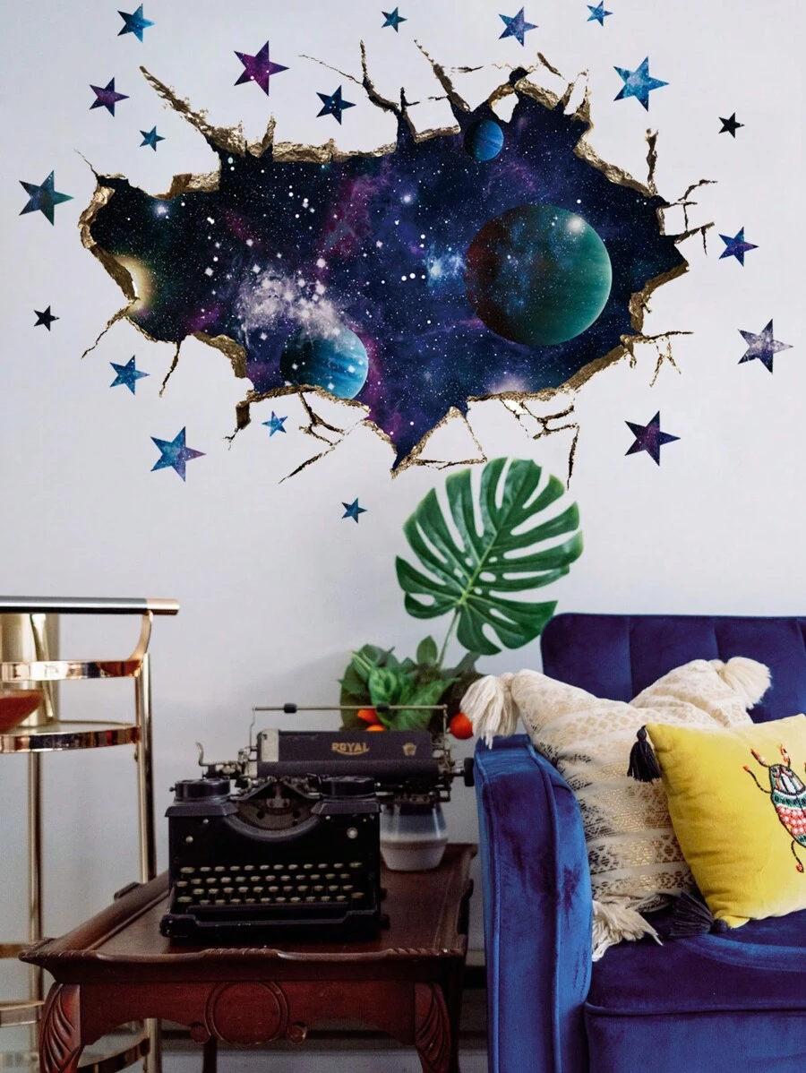Conjunto de 4 piezas de tatuajes de pared de universo tridimensionales con efecto de pared rota - Multicolor - Ver 1