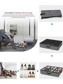 1pc Under Bed Shoe Storage Organizer, Foldable Fabric Shoe Container Box With Clear Cover, Window & 2 Handles - Dark Grey - View 3