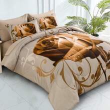 7 Pieces Brown Comforter Set Queen King Size , Rose Pattern Bed In A Bag, Lightweight Soft Microfiber Bedding Sets With Comforter, Flat Sheet, Fitted Sheet, Pillowcases(90"X90",103"X90") - 棕色 - 查看 3