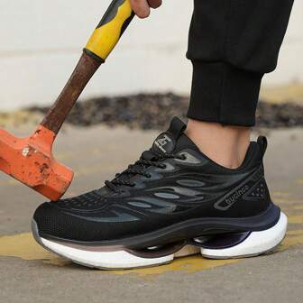 Light Weight Breathable Fly Knitting Work Shoes, Steel Toe Shoes, Popcorn And TPU Outsole Sport Shoes For Men, Anti-Smashing Anti-Puncture Night Light Work Footwear, Non-Slip Shoes, Construction Site Protective Shoes, Comfortable Puncture Proof Work Shoes