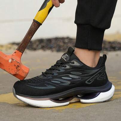 Light Weight Breathable Fly Knitting Work Shoes, Steel Toe Shoes, Popcorn And TPU Outsole Sport Shoes For Men, Anti-Smashing Anti-Puncture Night Light Work Footwear, Non-Slip Shoes, Construction Site Protective Shoes, Comfortable Puncture Proof Work Shoes