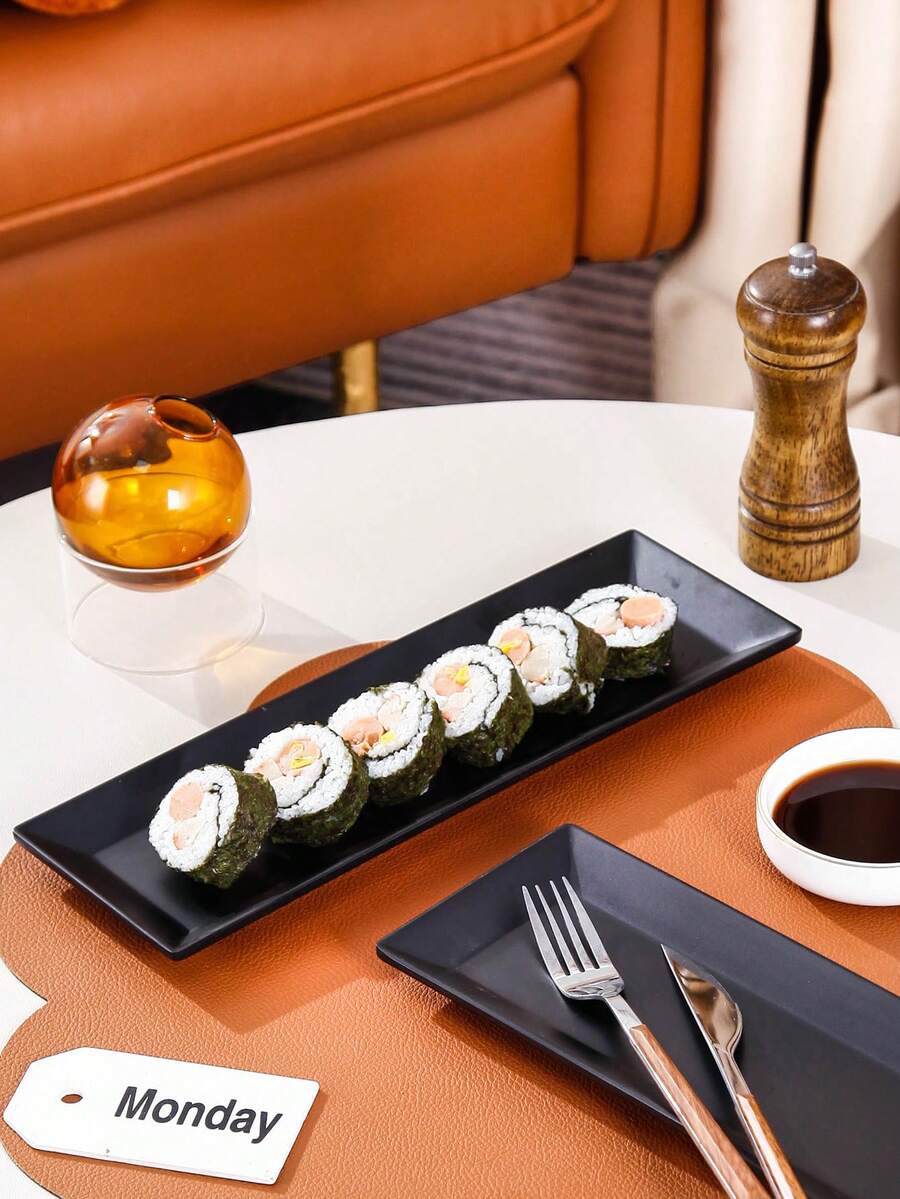 1pc New Matte Melamine Tray, Rectangular Sushi Plate, Plastic Tray, Black, Suitable For Tea Sets