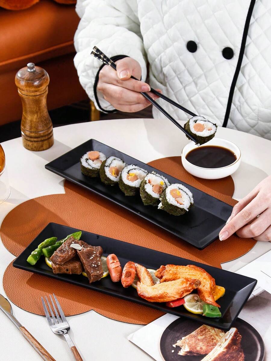 1pc New Matte Melamine Tray, Rectangular Sushi Plate, Plastic Tray, Black, Suitable For Tea Sets