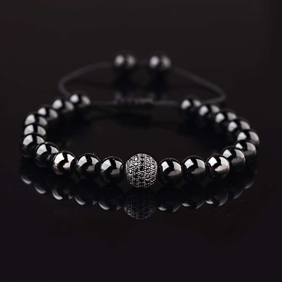 1PC Adjustable Size Jewelry Copper Micro-set  10mm Round Ball Bracelet Black Couple Bracelet - Black - View 1