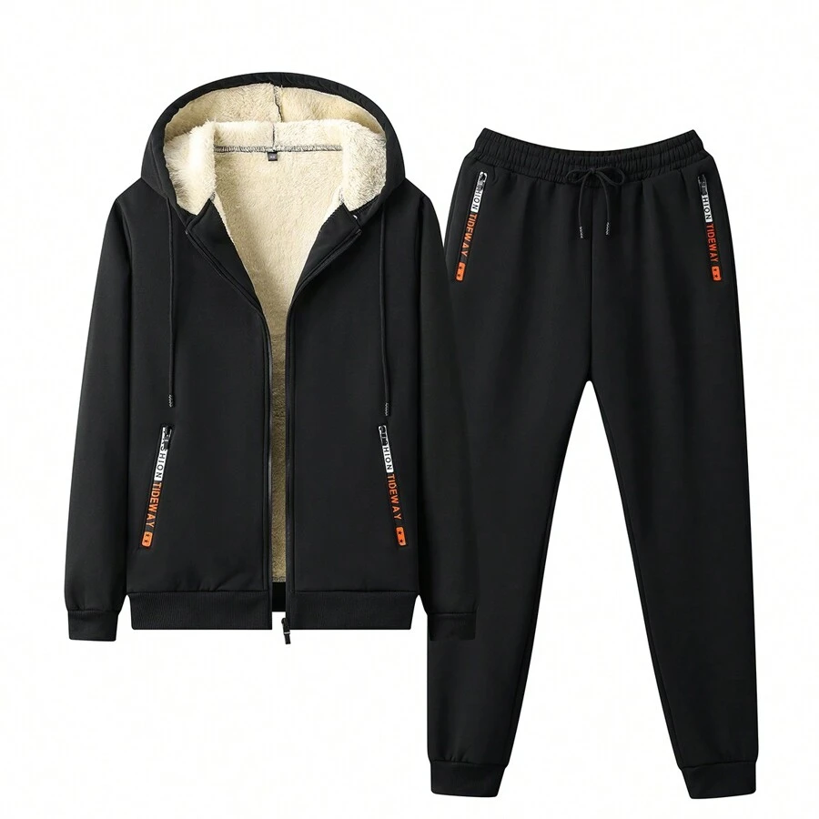 Winter Men's Fleece Lined Solid Color Hooded Cardigan And Pants Sports