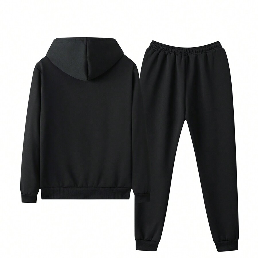 Winter Men's Fleece Lined Solid Color Hooded Cardigan And Pants Sports