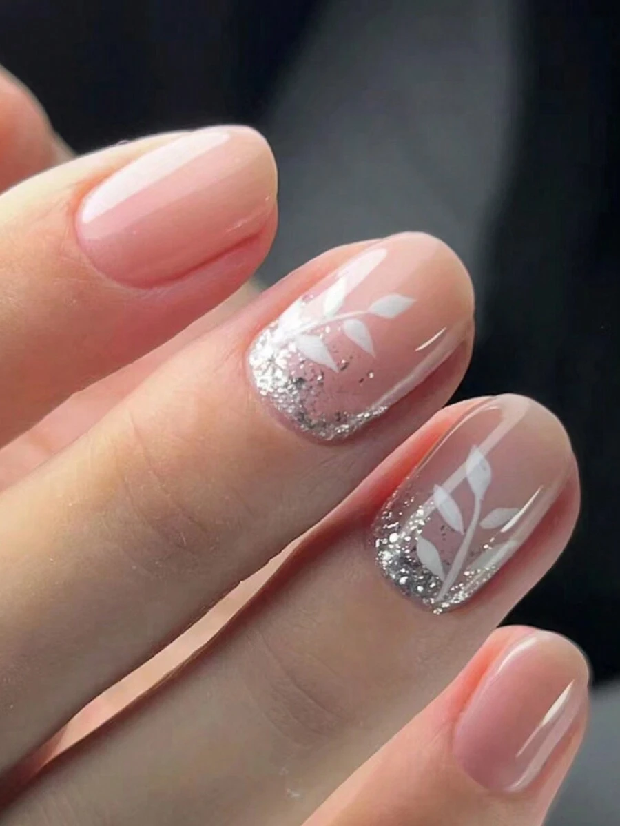 24 piezas de uñas postizas cuadradas y redondas cortas de estilo europeo y americano con purpurina con 1 lima de uñas y 1 set de uñas de gel para presionar y suministros para las uñas. - Multicolor - Ver 1