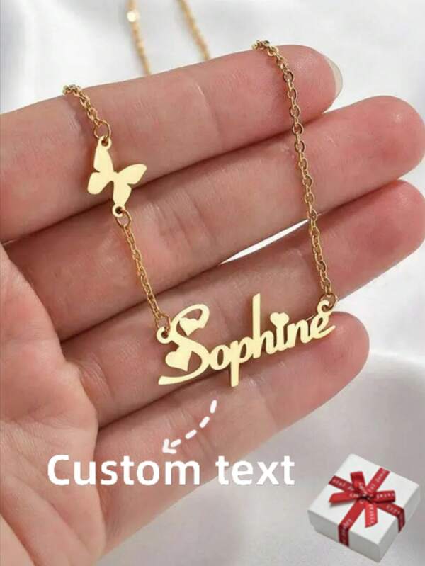 Collar personalizado con colgante de mariposa de acero inoxidable en color dorado, unisex, regalo de cumpleaños personalizado, joyería elegante, de moda otoñal, sencilla, casual, de "dinero antiguo", ideal para niñas, personalizado, único, ideal para ella, novia, mamá, familia, amigos, hija, abuelos, para aniversarios, cumpleaños, uso diario, bailes de graduación, Día de la Madre, San Valentín, graduación, bodas, fiestas