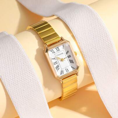 1 件/套复古金色矩形罗马数字竹表带石英女表，适合日常搭配、生日、送给她的礼物、周年纪念、年终促销、光棍节、万圣节促销和其他节日礼物