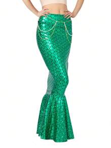 SYNCFUN 万圣节服装美人鱼服装成人金属全息闪亮美人鱼裙服装角色扮演舞会 - 綠色 - 查看 2