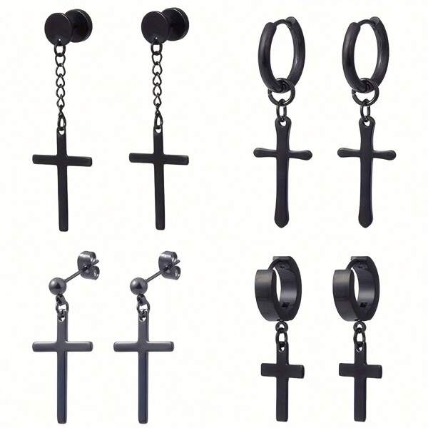 SENLANSP 4 Pairs Of Men's Hip Hop Punk Stainless Steel Cross Pendant Stud Hoop Earrings Black Earrings
