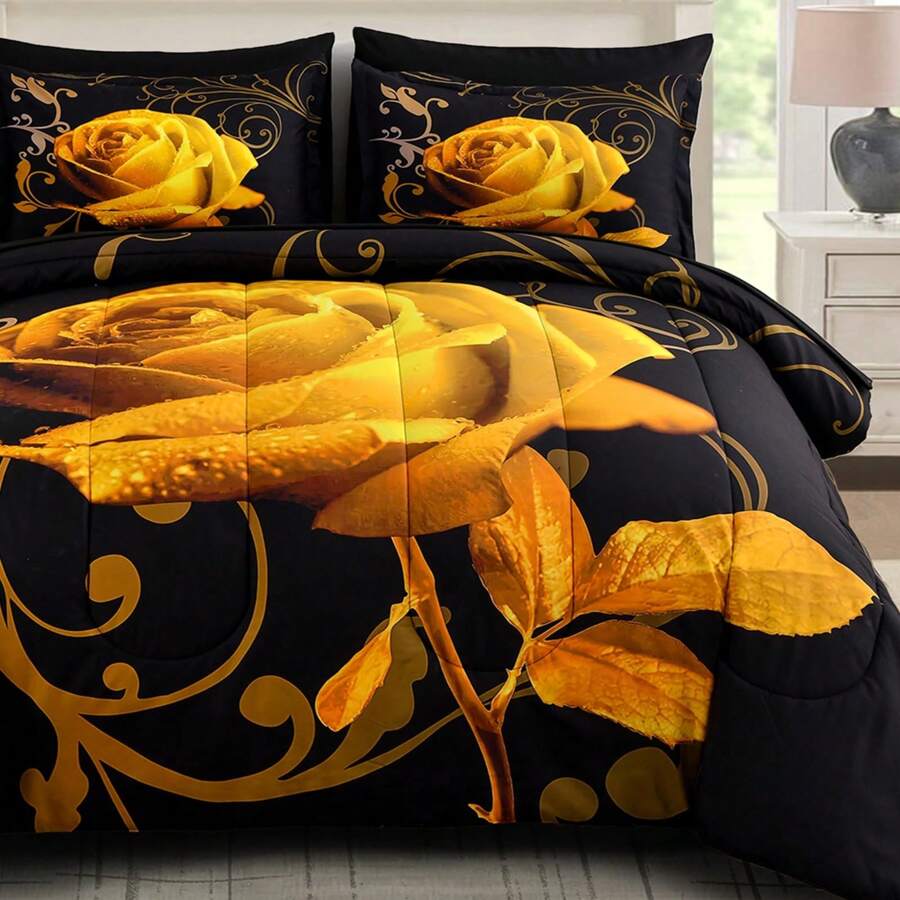 7 Pieces Yellow Comforter Set Queen King Size , Rose Pattern Bed In A Bag, Lightweight Soft Microfiber Bedding Sets With Comforter, Flat Sheet, Fitted Sheet, Pillowcases Home Decor Room Decor Bedroom Decor Bed Comforter Set Mothers Day Gift Wedding Decorations. - 黃色 - 查看 1