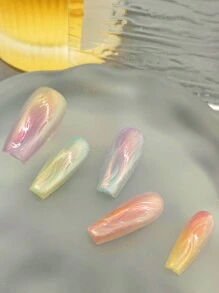 10 片指甲片，棺材形状，纯手工多巴胺，甜美女孩，多色光晕染色，渐变爱心，水钻按压指甲按压指甲美甲用品 - 彩色 - 查看 4