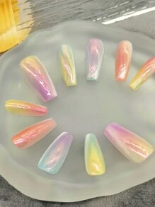 10 片指甲片，棺材形状，纯手工多巴胺，甜美女孩，多色光晕染色，渐变爱心，水钻按压指甲按压指甲美甲用品 - 彩色 - 查看 2