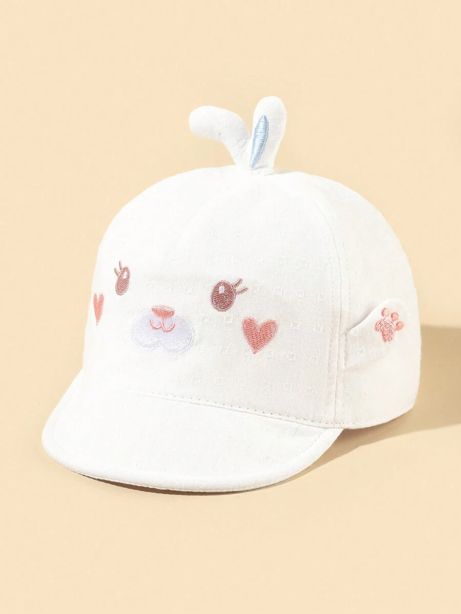 TUTUYA 婴儿棒球帽，女童防晒帽，柔软透气材质，白色/粉色刺绣可爱耳朵装饰，粉色心形动物图案，适合幼儿佩戴，可调节魔术贴，适合日常佩戴、户外活动、玩耍，0-36个月，头围44-50厘米