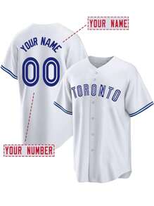 Customized Name & Number Boyfriend Style Men's Embroidered Baseball Jacket, Toronto Blue & White V-Neck Personalized Short Sleeve Button-Down Shirt, Suitable For Party, Game, Training And Sports, Size S-XXL - White - View 1