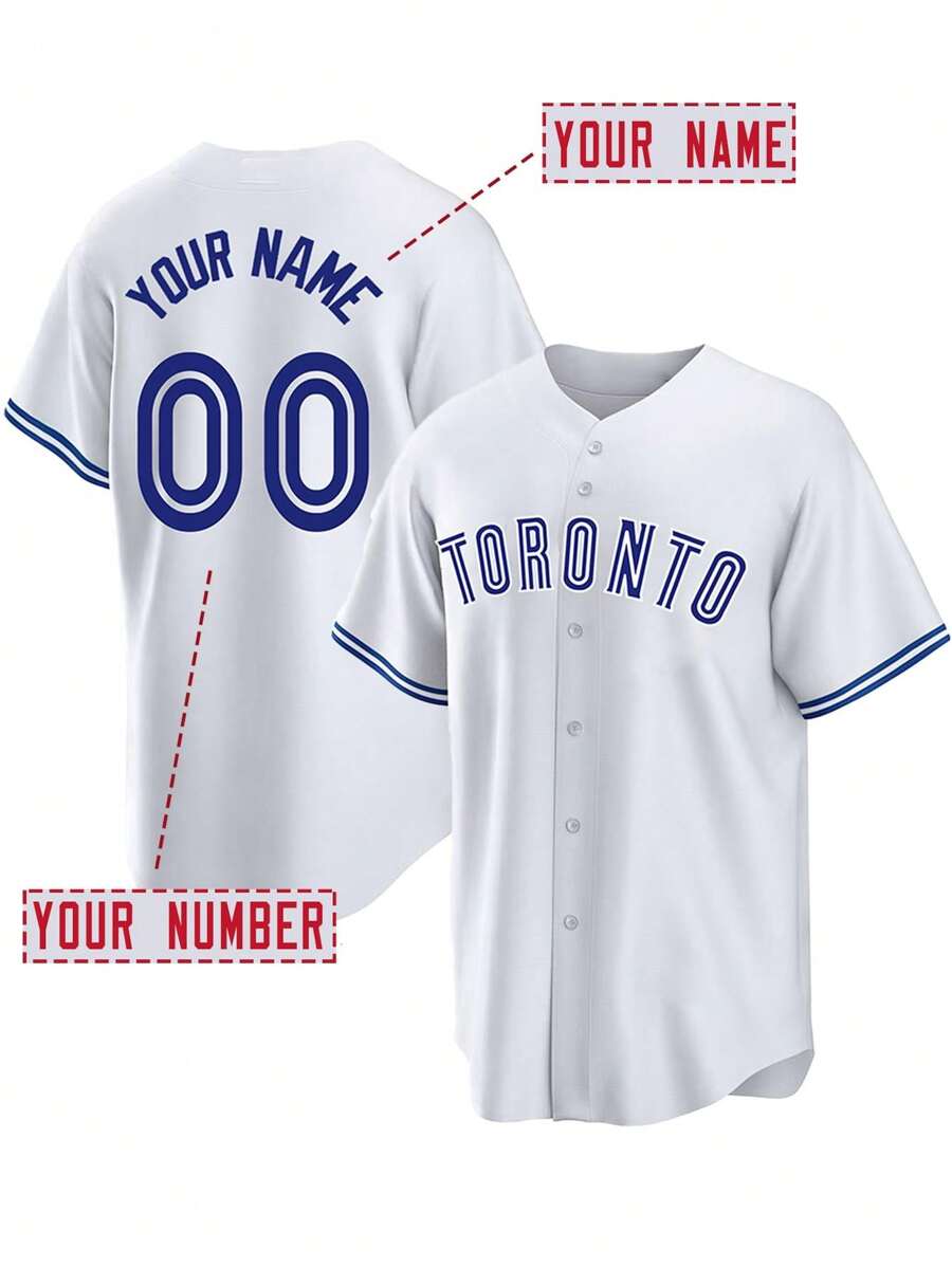 Customized Name & Number Boyfriend Style Men's Embroidered Baseball Jacket, Toronto Blue & White V-Neck Personalized Short Sleeve Button-Down Shirt, Suitable For Party, Game, Training And Sports, Size S-XXL - White - View 1