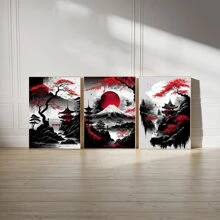 3入組無框日本風景山脈紅黑櫻花畫布海報，防水現代藝術牆上畫，適用於禮品、臥室、客廳、辦公室、浴室、餐廳、咖啡廳、酒吧、壁飾、家居和辦公室裝飾 - 黑紅色 - 查看 10