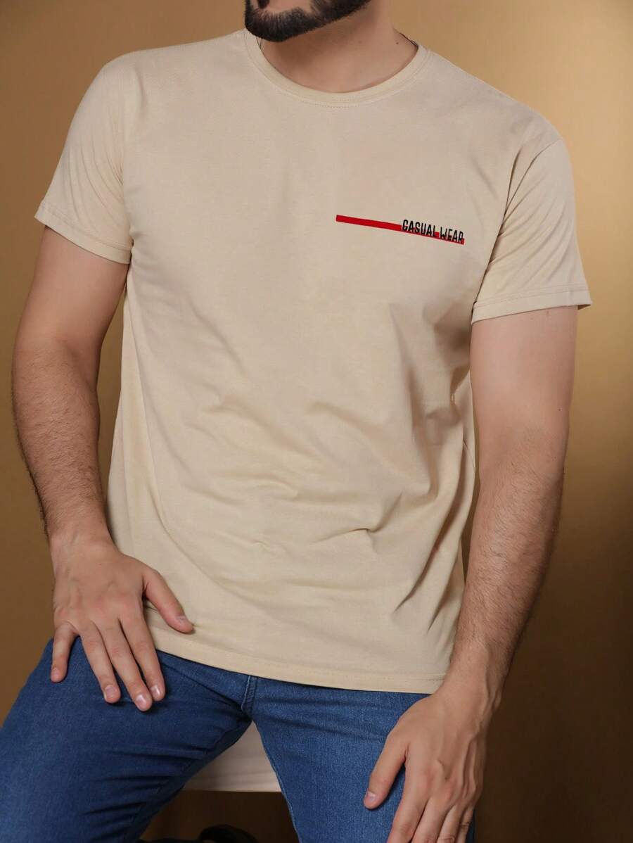 Camiseta Masculina Básica Manga Curta fio30 100% Algodão NOVO Casual Wear - Bege - Visão 1