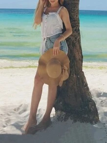 1 peça Chapéu de Sol Feminino de Cor Aleatória, com Aba Ondulada e Fita, Perfeito para Praia, Viagem ou Férias Estilo Bohemio